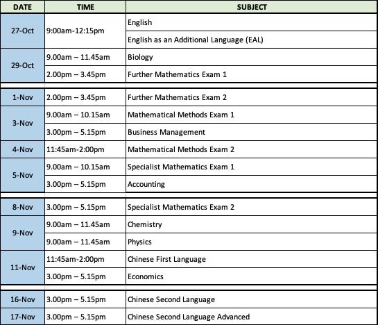 exam timetable vce 12