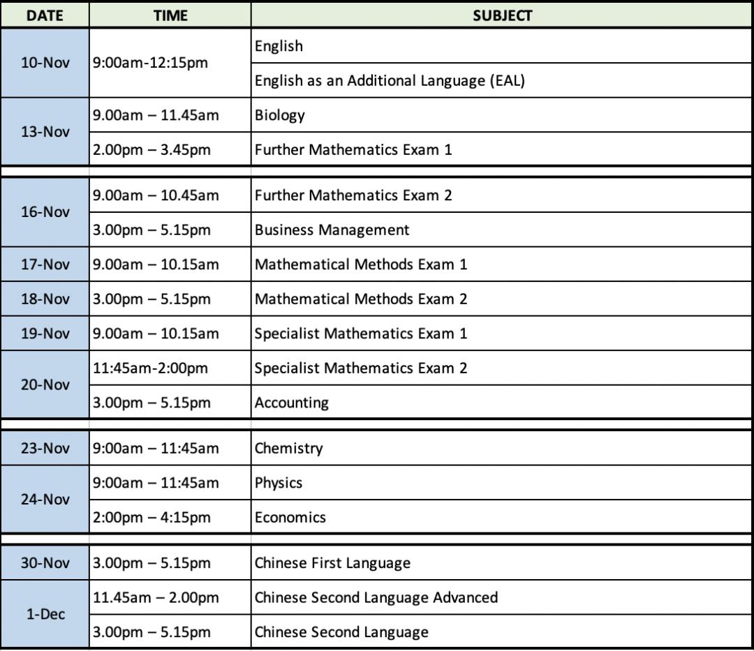 exam time table vce 07